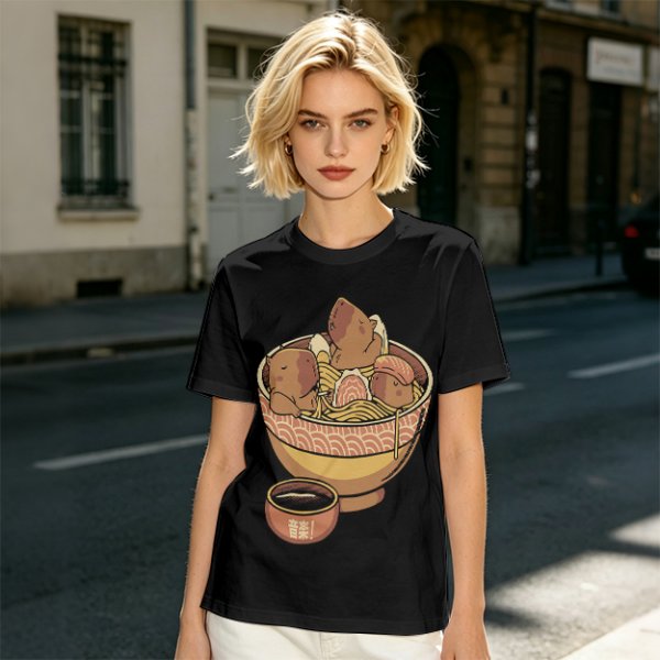 Olive Green T-Shirt With Capybara Ramen Bowl Print