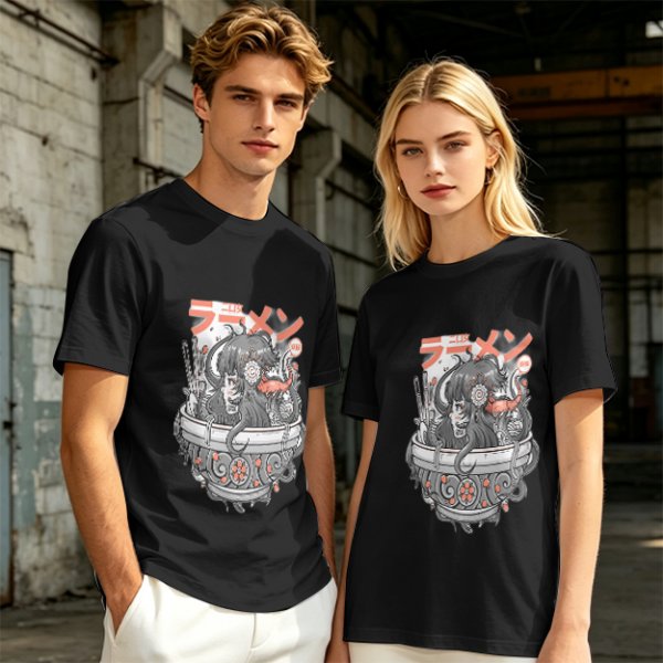 Olive Green T-Shirt with Japanese Ramen Themed Anime Art Print