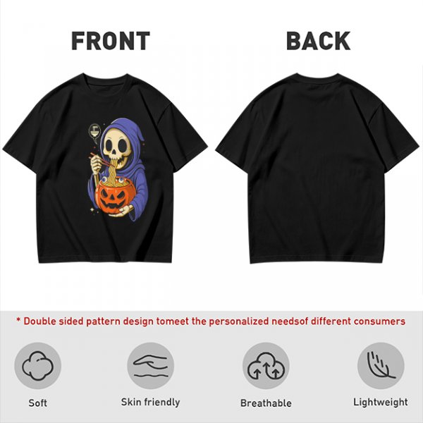 Grim Reaper Eating Ramen from Jack-o'-lantern Pumpkin Bowl T-Shirt