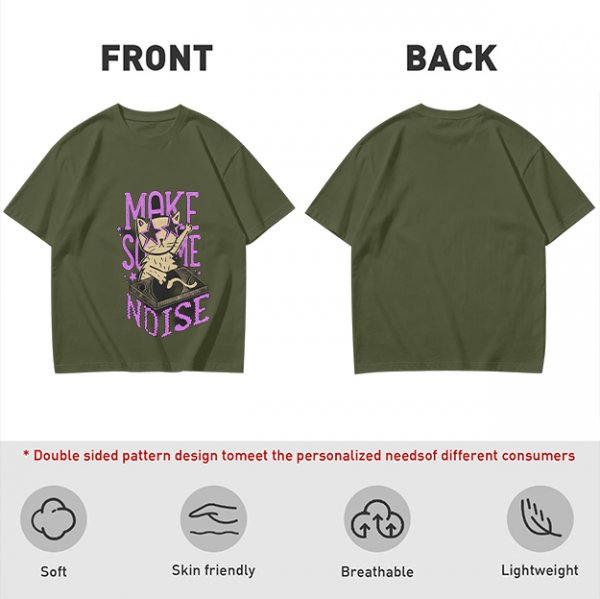 Olive T-Shirt with DJ Cat Graphic and Make Some Noise Text