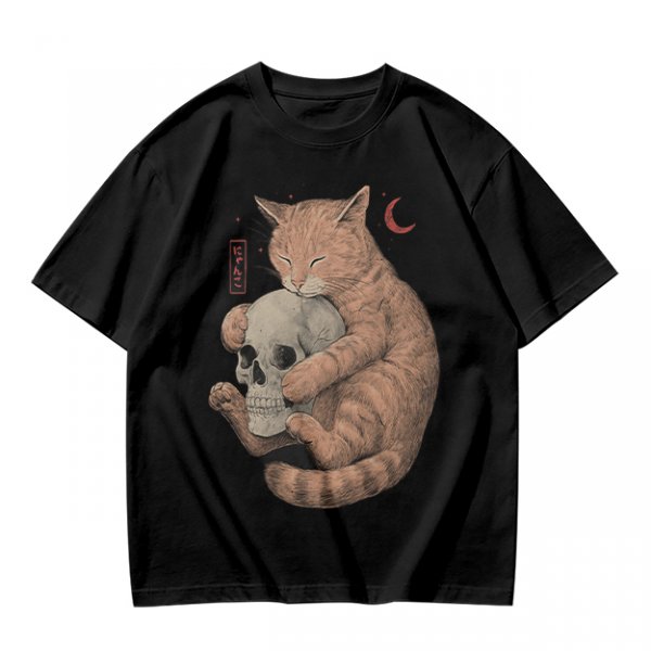 Olive T-Shirt Featuring a Ginger Cat Hugging a Skull