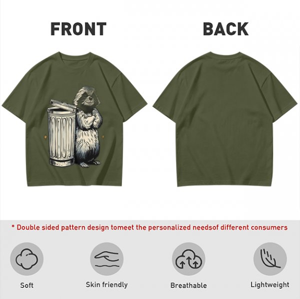 Olive Green T-Shirt With Raccoon Standing Next To Trash Can Graphic