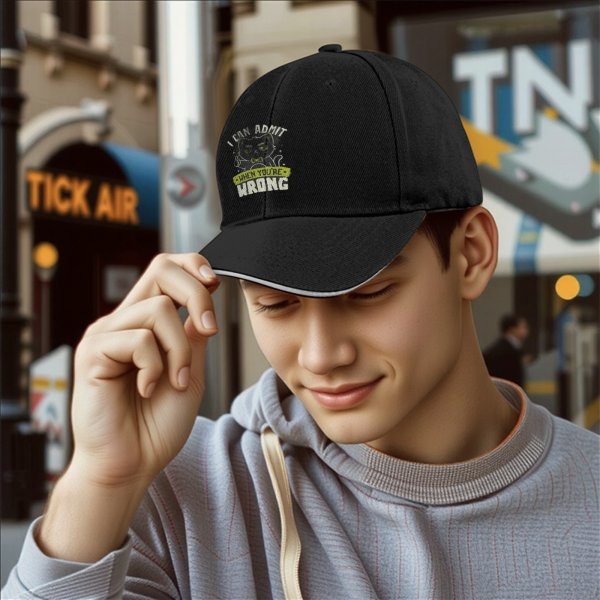 Black baseball cap with funny admitting wrong cat graphic