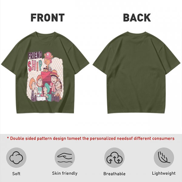 Olive T-Shirt with Friendship Themed Cartoon Crew Print