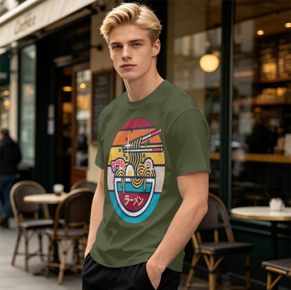 Olive T-shirt with Retro Ramen Bowl Chopsticks Graphic