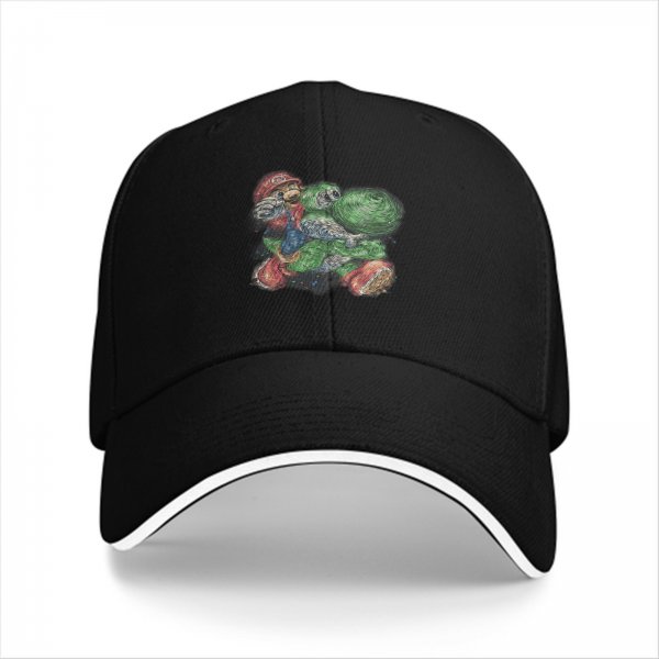 Black Baseball Cap With Artistic Mario And Green Turtle Print