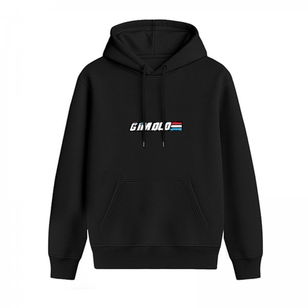 Black hoodie with stylized text graphic and red blue accents