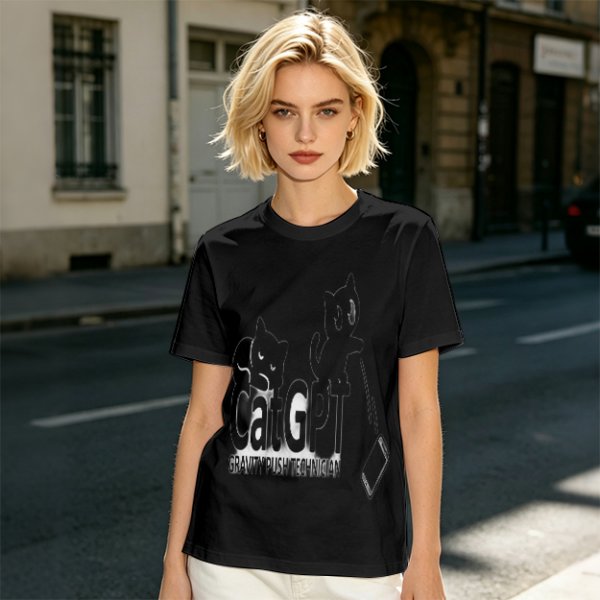 Olive green graphic t-shirt with CatGPT and mischievous cat prints