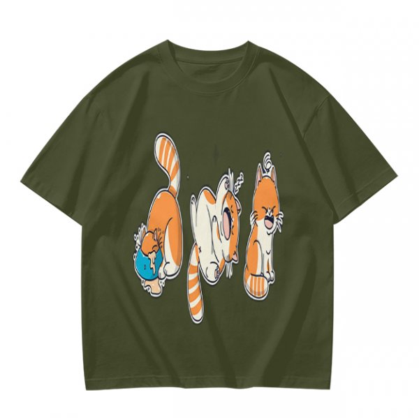 Olive T-Shirt With Playful Orange Cat Illustrations