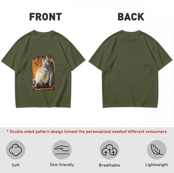 Olive green t-shirt with Totoro 'Spirits' graphic print