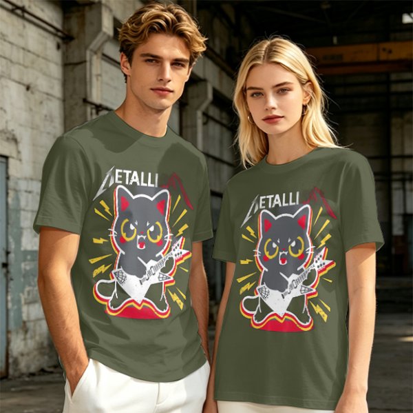 Olive green graphic t-shirt with a cartoon metal cat playing guitar