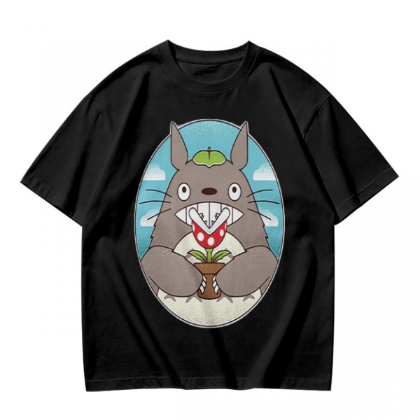Olive Green T-Shirt with Totoro Holding Piranha Plant Print
