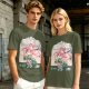 Olive green t-shirt with cherry blossom festival dog character print
