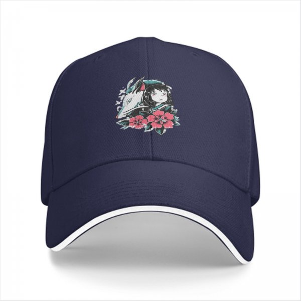 Black baseball cap with Spirited Away Haku and Chihiro anime floral print