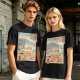 Olive t-shirt with ukiyo-e style ramen cat and Mount Fuji print