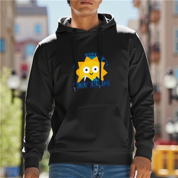 Black hoodie with cheerful sun graphic and 'stay inside' text
