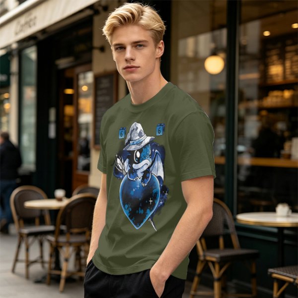 Olive T-Shirt With Cute Wizard Dragon On Starry Heart Print
