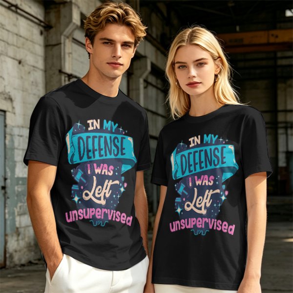 Olive t-shirt with 'In My Defense I Was Left Unsupervised' graphic