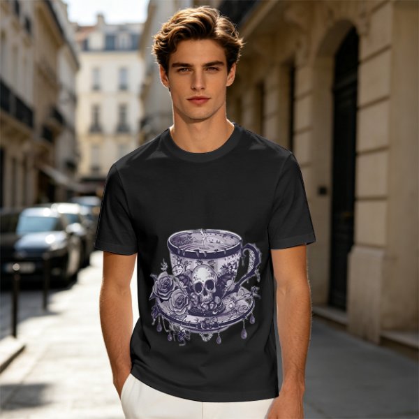 Olive T-shirt with Gothic Skull Teacup and Roses Print