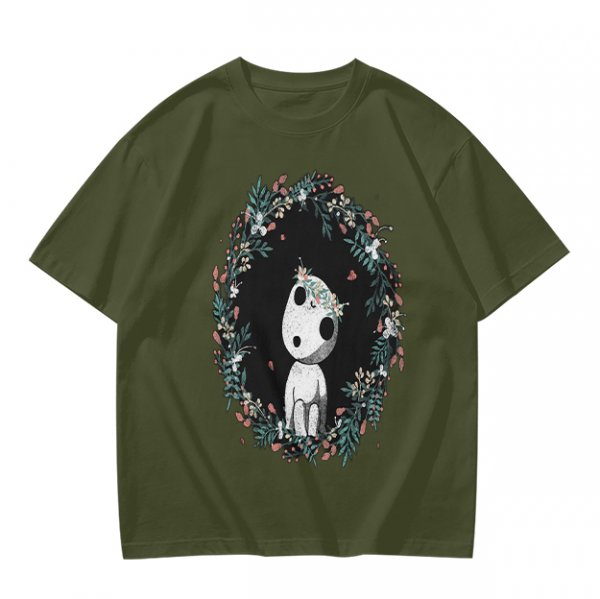 Olive T-Shirt with Kodama Forest Spirit Floral Wreath Print