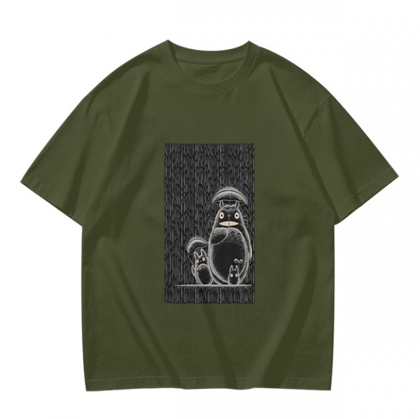 Olive green graphic tee with Totoro family illustration