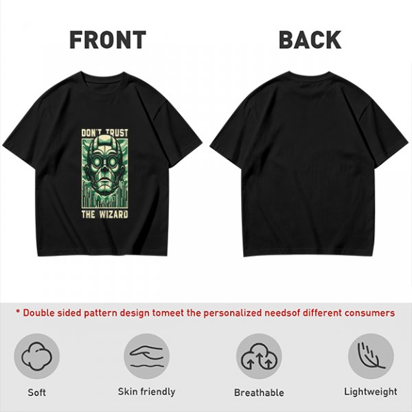 Olive green t-shirt with 'Don't Trust The Wizard' robot graphic print