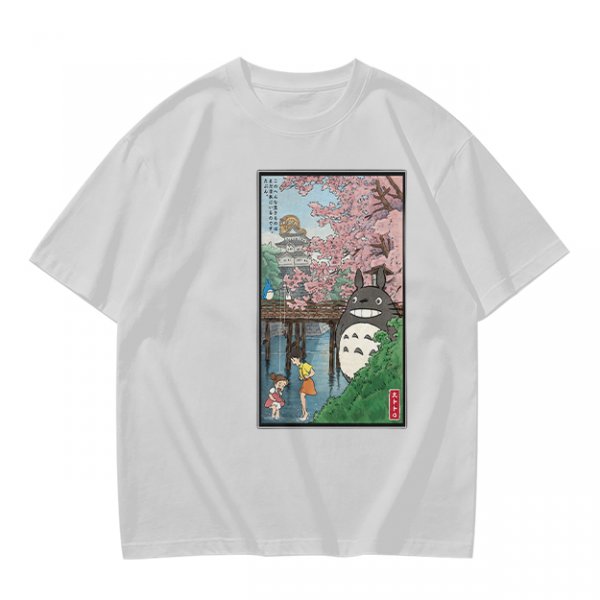 Olive T-shirt with Totoro cherry blossom Japanese woodblock print