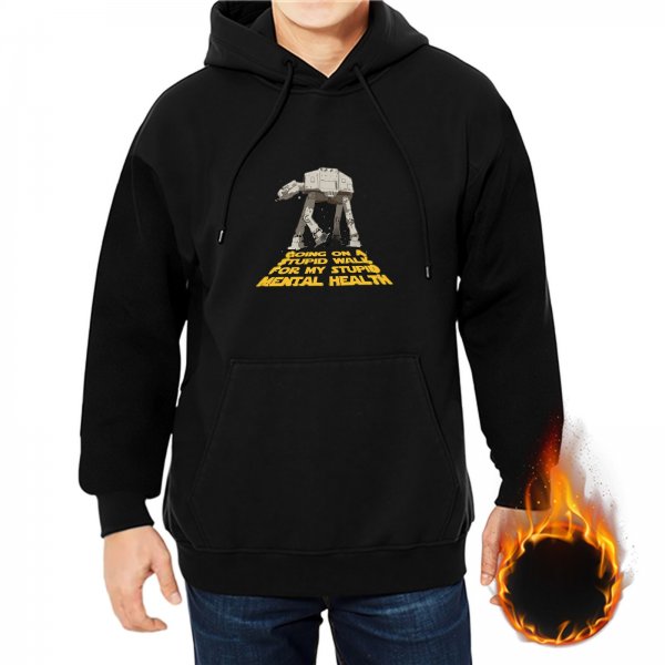 Black hoodie with AT-AT walker and mental health themed text