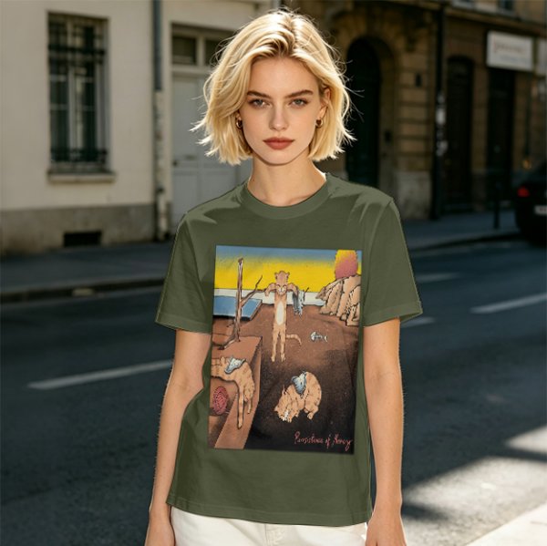 Olive T-Shirt With Surreal Cat Art Print