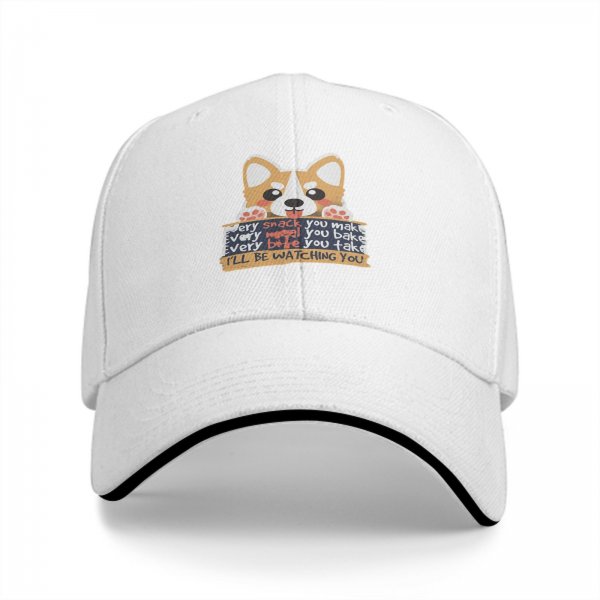 Black baseball cap with corgi dog and 'I'll Be Watching You' snack quote