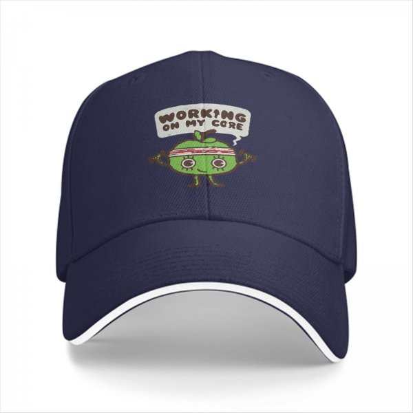 Black baseball cap with 'Working On My Core' fitness apple graphic