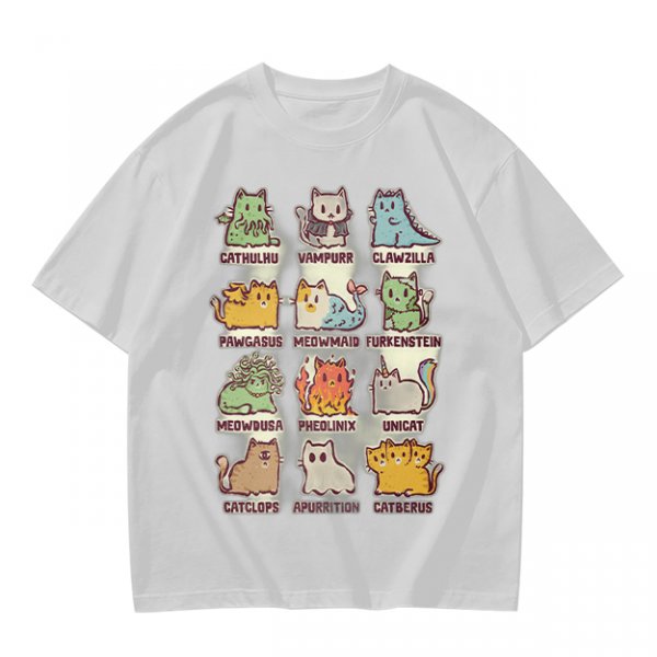 Olive green t-shirt with cute mythical monster cat graphic prints
