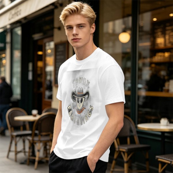 Olive t-shirt with alien cowboy howdy earthlings graphic