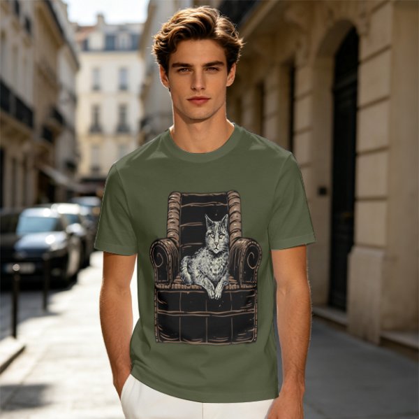 Olive Green T-Shirt With Cat In Armchair Graphic Print