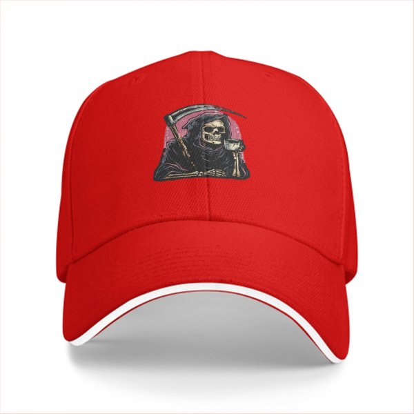 Black Baseball Cap With Grim Reaper Holding Scythe And Drink Graphic