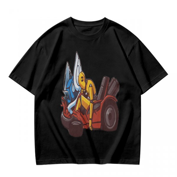 Olive T-Shirt With Cartoon Robot And Winged Vehicle Graphic