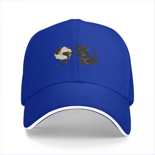 Black Baseball Cap With Cat Reaching For Globe Print