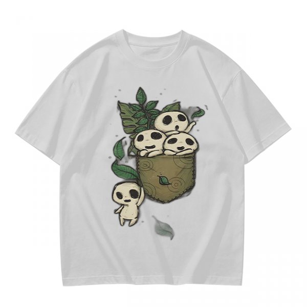 Olive T-shirt with Kodama Tree Spirits in Pocket and Leaves Print