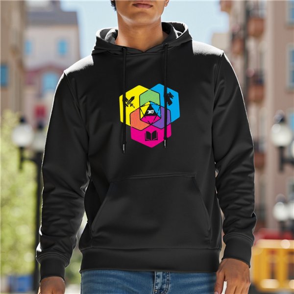 Black Hoodie with Colorful Hexagon Fantasy Art Print
