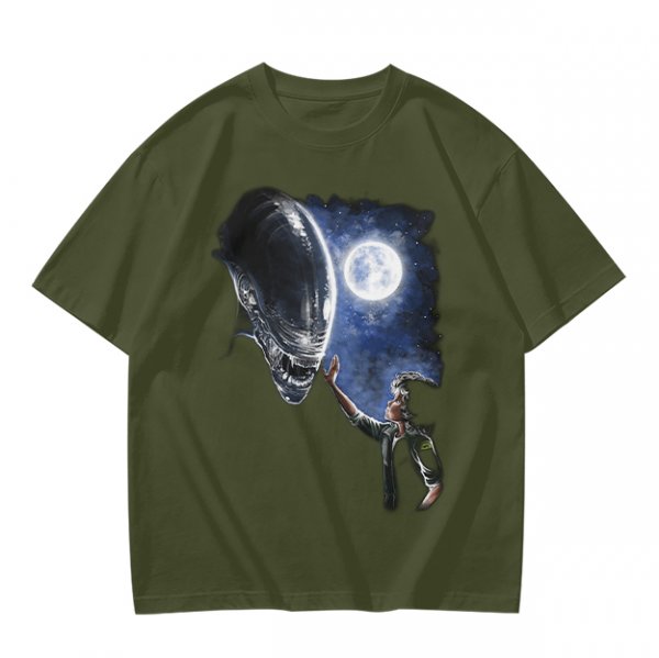 Olive Green Alien Moon Reaching Graphic T-Shirt
