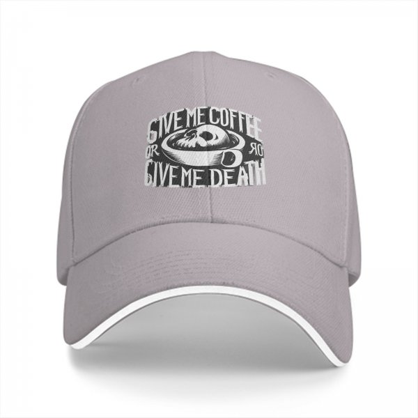 Black baseball cap with 'Give Me Coffee Or Give Me Death' skull graphic
