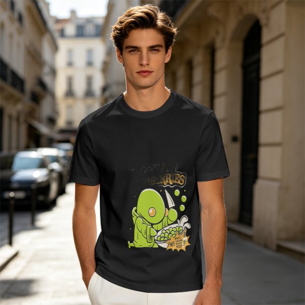 Olive Green T-Shirt With Cute Green Creature Preparing Peas Graphic