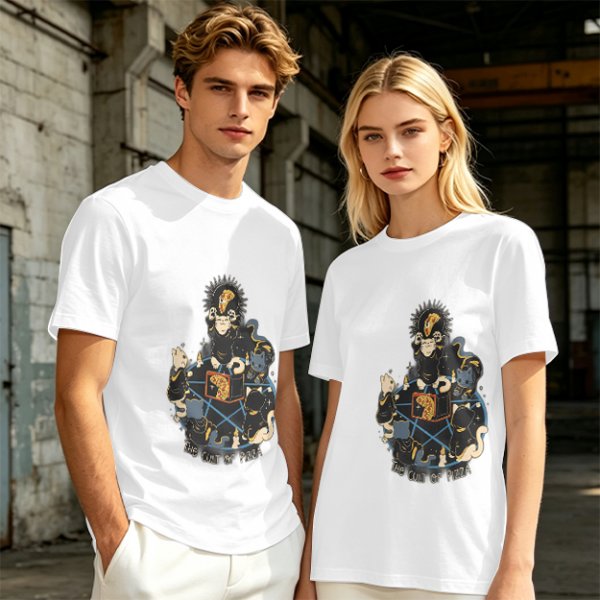 Olive Graphic T-Shirt With The Cult Of Pizza Cat Occult Artwork