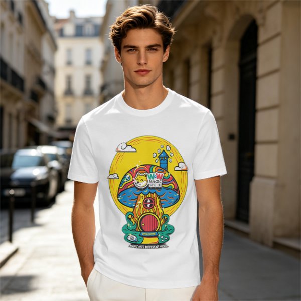 Olive T-Shirt with Trippy Mushroom House Graphic Design