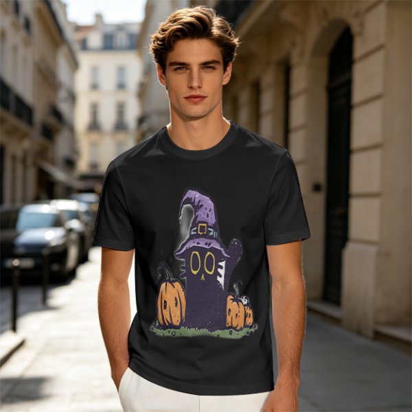 Olive Halloween T-Shirt with Black Cat Witch and Pumpkins