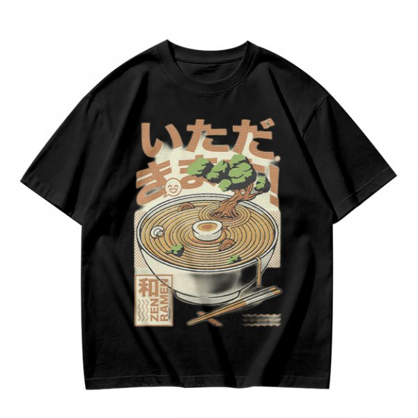 Olive green t-shirt with zen ramen bowl and bonsai tree print
