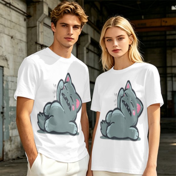 Olive T-Shirt With Embarrassed Gray Cat Graphic Print