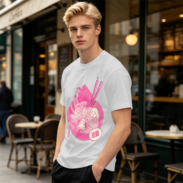 Oversized dark green t-shirt with cute pink ramen bowl graphic