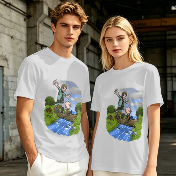 Olive T-shirt with Cartoon Boys Balancing on Log Over Stream