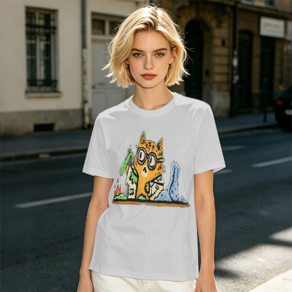 Olive T-Shirt With Mad Scientist Cat Chemistry Lab Print